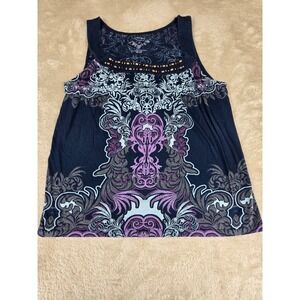 Sonoma Life + Style Womens Navy Blue Beaded Boho Medallion Tank Top Size M